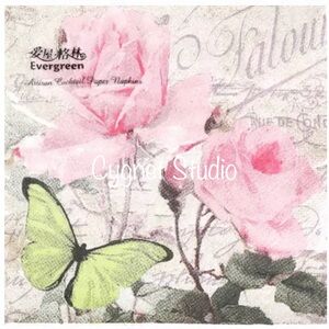 Cypress Home Two (2) Pink Rose Butterfly Script DIY Decoupage Cocktail Napkins